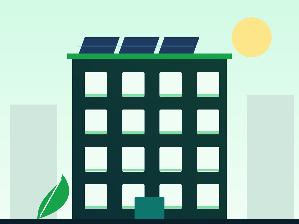 Ilustración de un edificio residencial rehabilitado con aislamiento de fachada y paneles solares